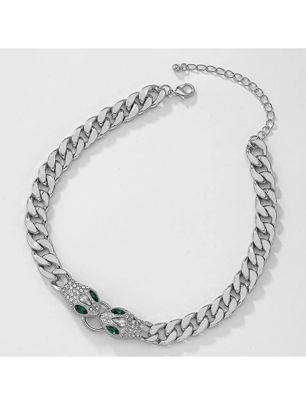 Silver Snake Head Chain Choker with Emerald Accents